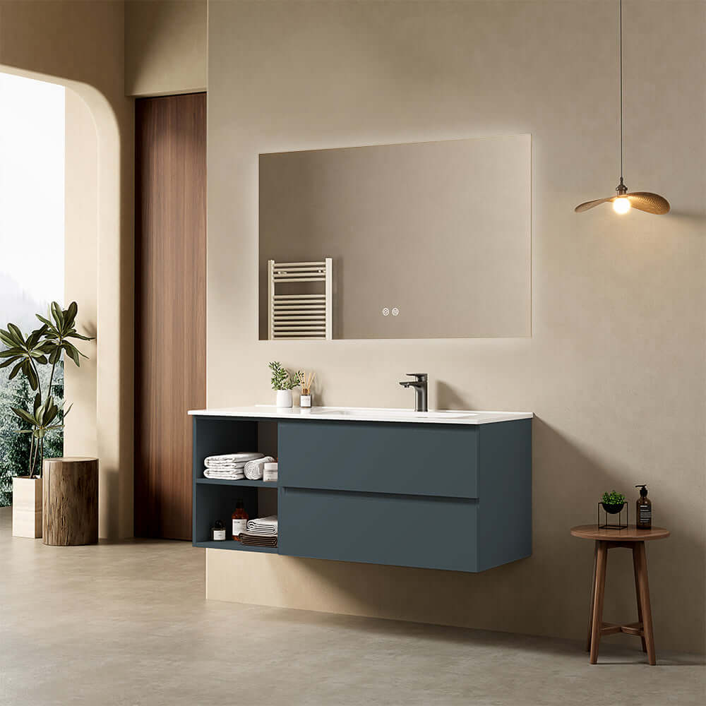 Mobile bagno sospeso 120 cm Blu Mare Lavabo a Destra in Ceramica Specchio Quadro Retroilluminato - Fiji Paint Plus