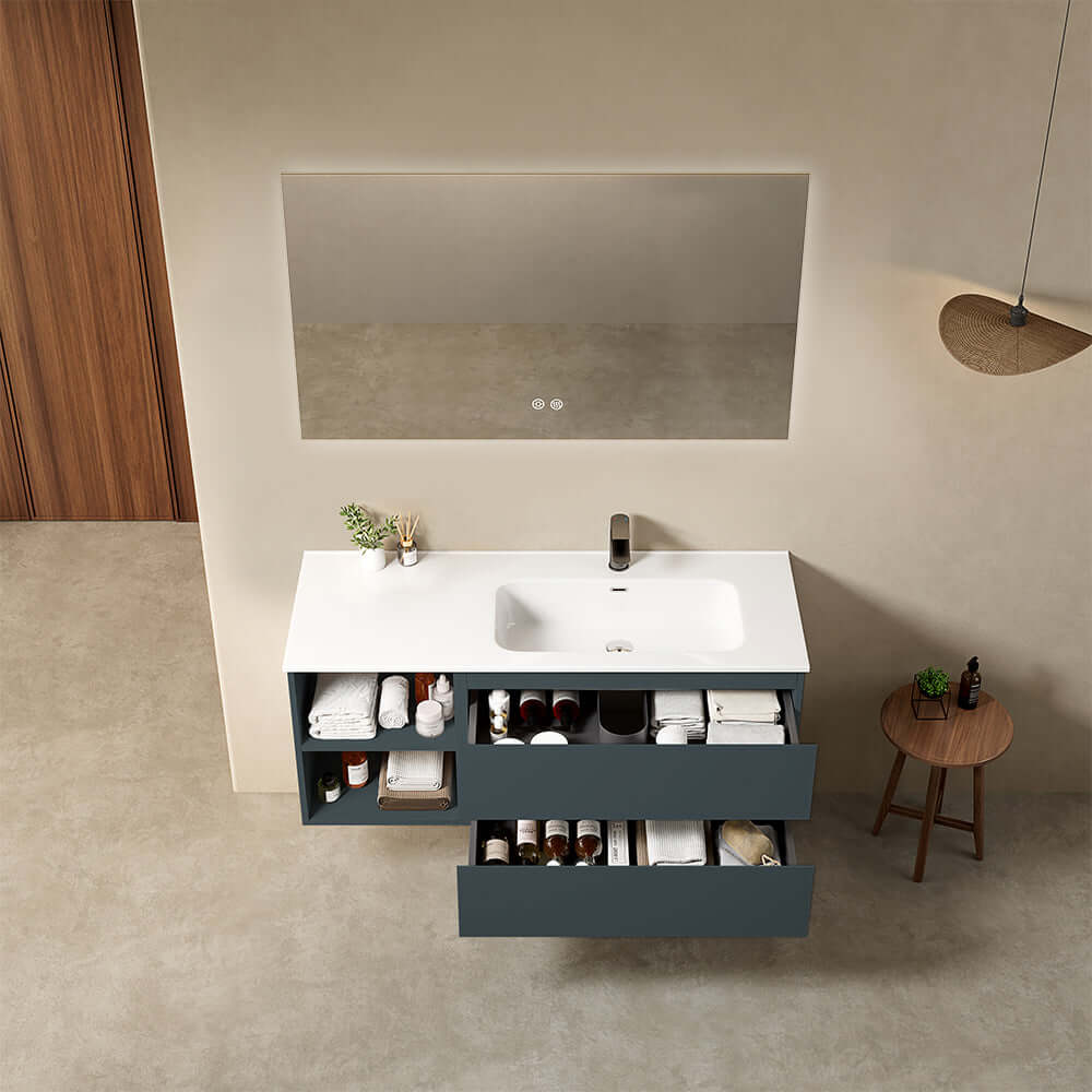 Mobile bagno sospeso 120 cm Blu Mare Lavabo a Destra in Ceramica Specchio Quadro Retroilluminato - Fiji Paint Plus