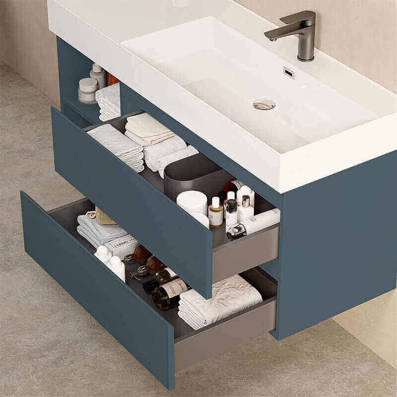 Mobile bagno sospeso 120 cm Blu Mare Lavabo a Destra in Resina Specchio Quadro Retroilluminato - Fiji Paint Plus