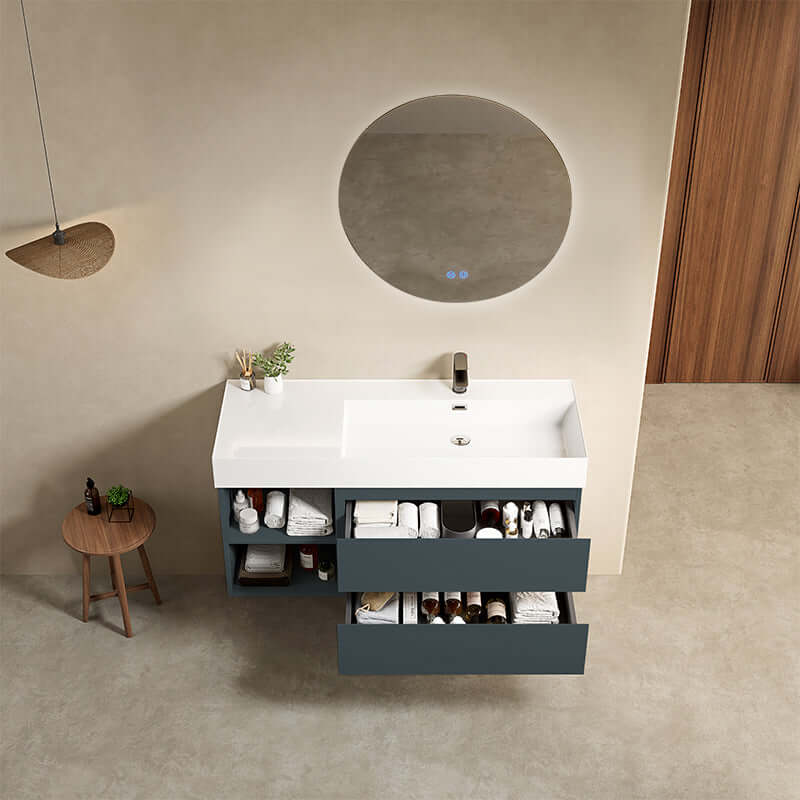 Mobile bagno sospeso 120 cm Blu Mare Lavabo a Destra in Resina Specchio Tondo Retroilluminato - Fiji Paint Plus