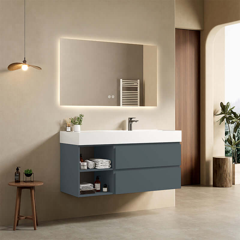 Mobile bagno sospeso 120 cm Blu Mare Lavabo a Destra in Resina Specchio Quadro Retroilluminato - Fiji Paint Plus