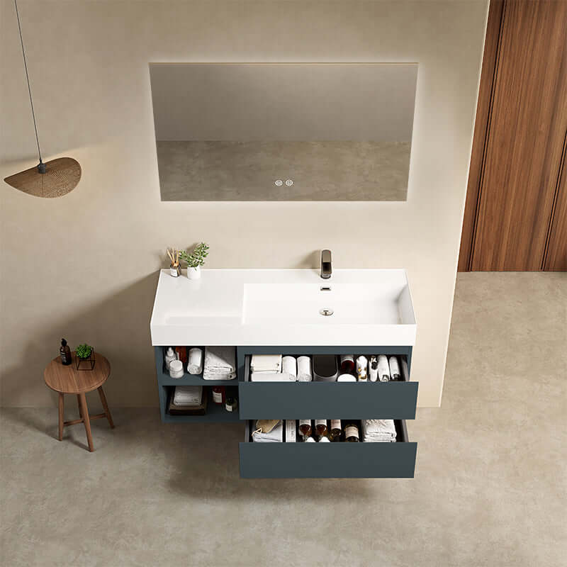 Mobile bagno sospeso 120 cm Blu Mare Lavabo a Destra in Resina Specchio Quadro Retroilluminato - Fiji Paint Plus