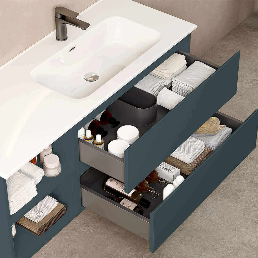 Mobile bagno sospeso 120 cm Blu Mare Lavabo a Destra in Ceramica Specchio Quadro Retroilluminato - Fiji Paint Plus