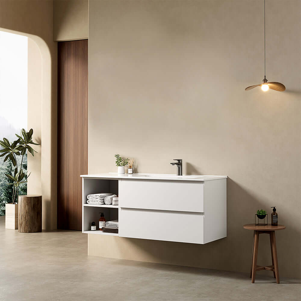 Mobile bagno sospeso 120 cm Bianco Lavabo a Destra in Ceramica Senza Specchio - Fiji Paint Plus