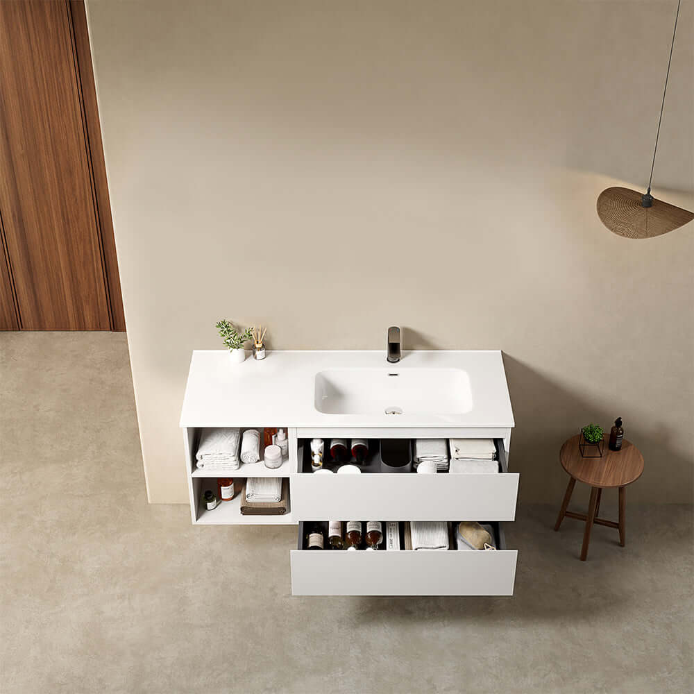 Mobile bagno sospeso 120 cm Bianco Lavabo a Destra in Ceramica Senza Specchio - Fiji Paint Plus