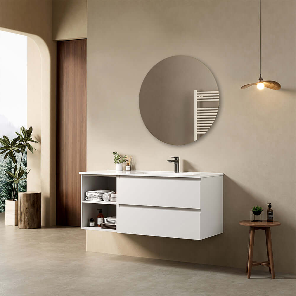Mobile bagno sospeso 120 cm Bianco Lavabo a Destra in Ceramica Specchio Tondo - Fiji Paint Plus