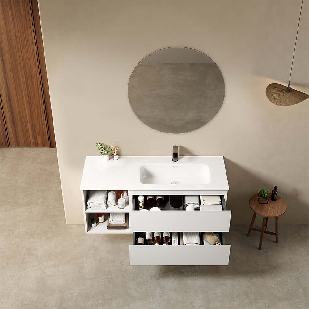 Mobile bagno sospeso 120 cm Bianco Lavabo a Destra in Ceramica Specchio Tondo - Fiji Paint Plus