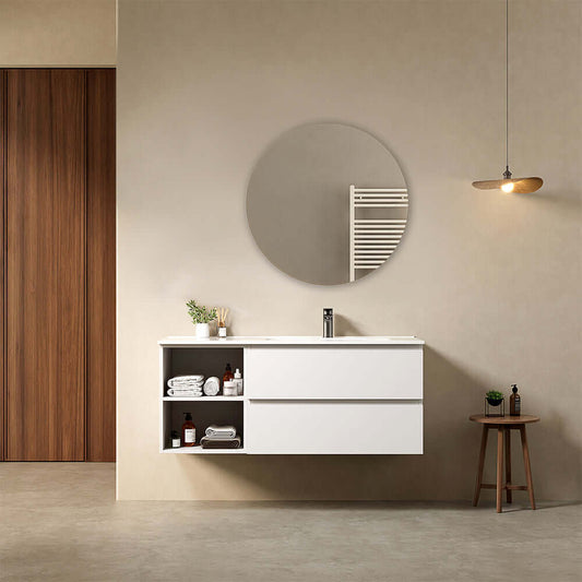 Mobile bagno sospeso 120 cm Bianco Lavabo a Destra in Ceramica Specchio Tondo Retroilluminato - Fiji Paint Plus