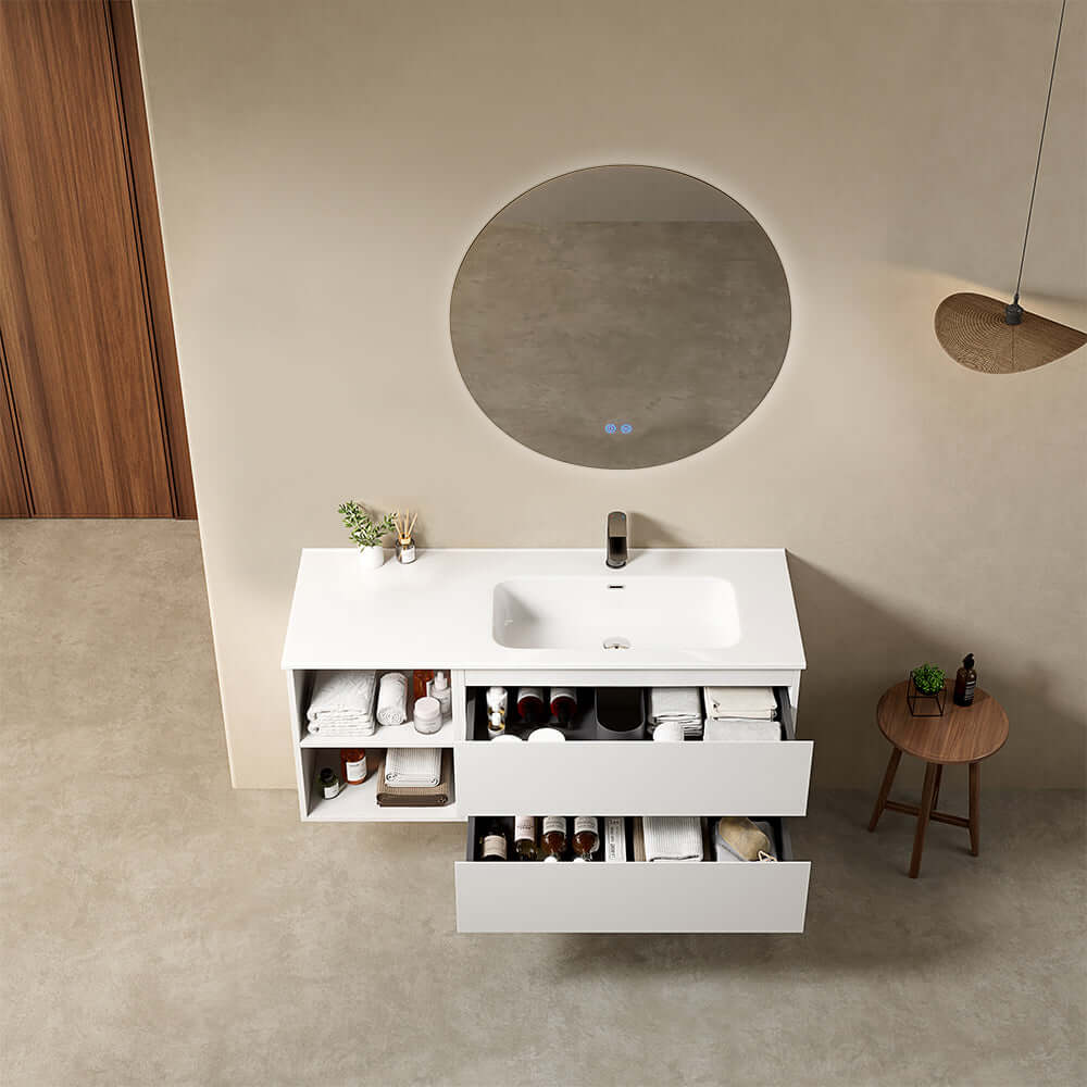 Mobile bagno sospeso 120 cm Bianco Lavabo a Destra in Ceramica Specchio Tondo Retroilluminato - Fiji Paint Plus