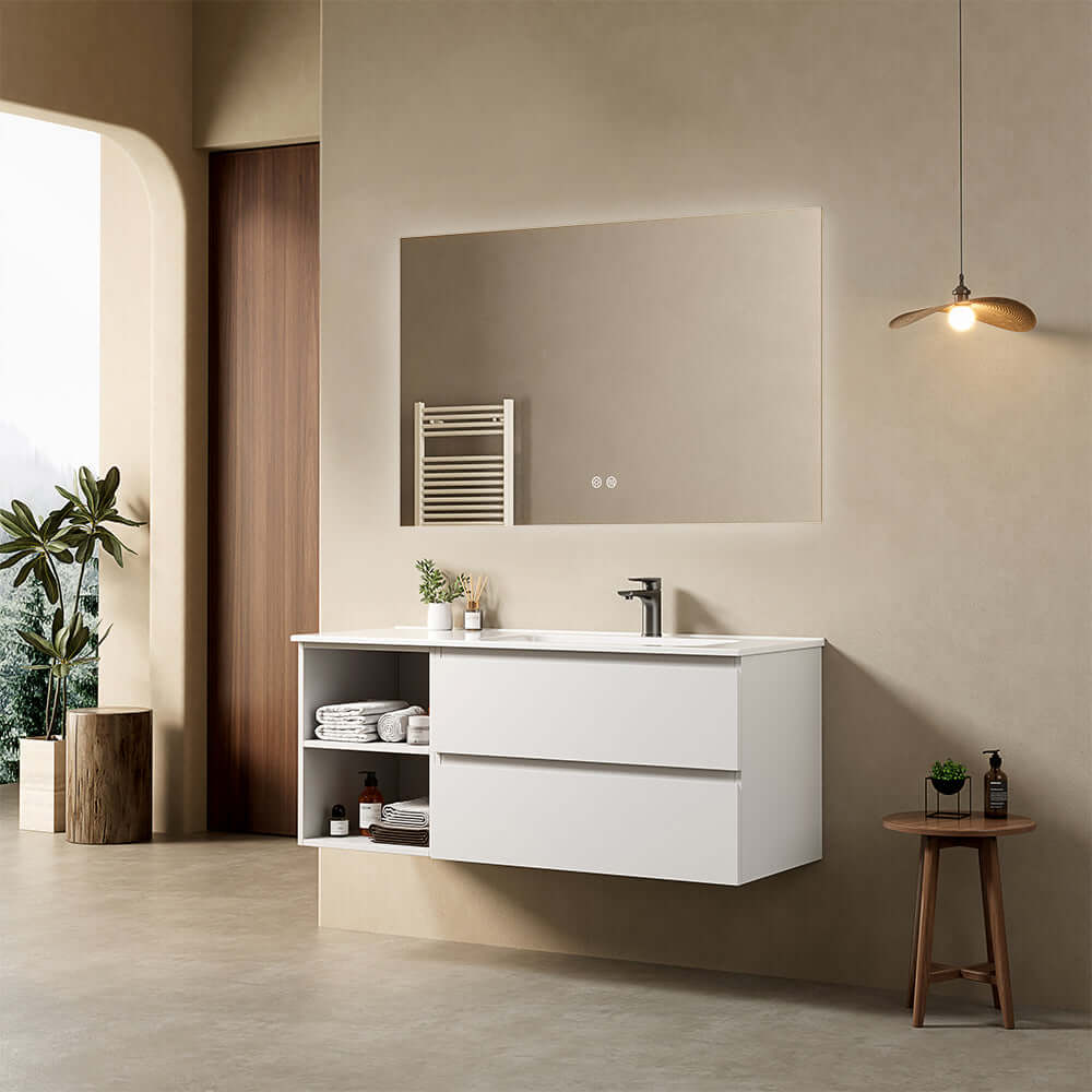 Mobile bagno sospeso 120 cm Bianco Lavabo a Destra in Ceramica Specchio Quadro Retroilluminato - Fiji Paint Plus