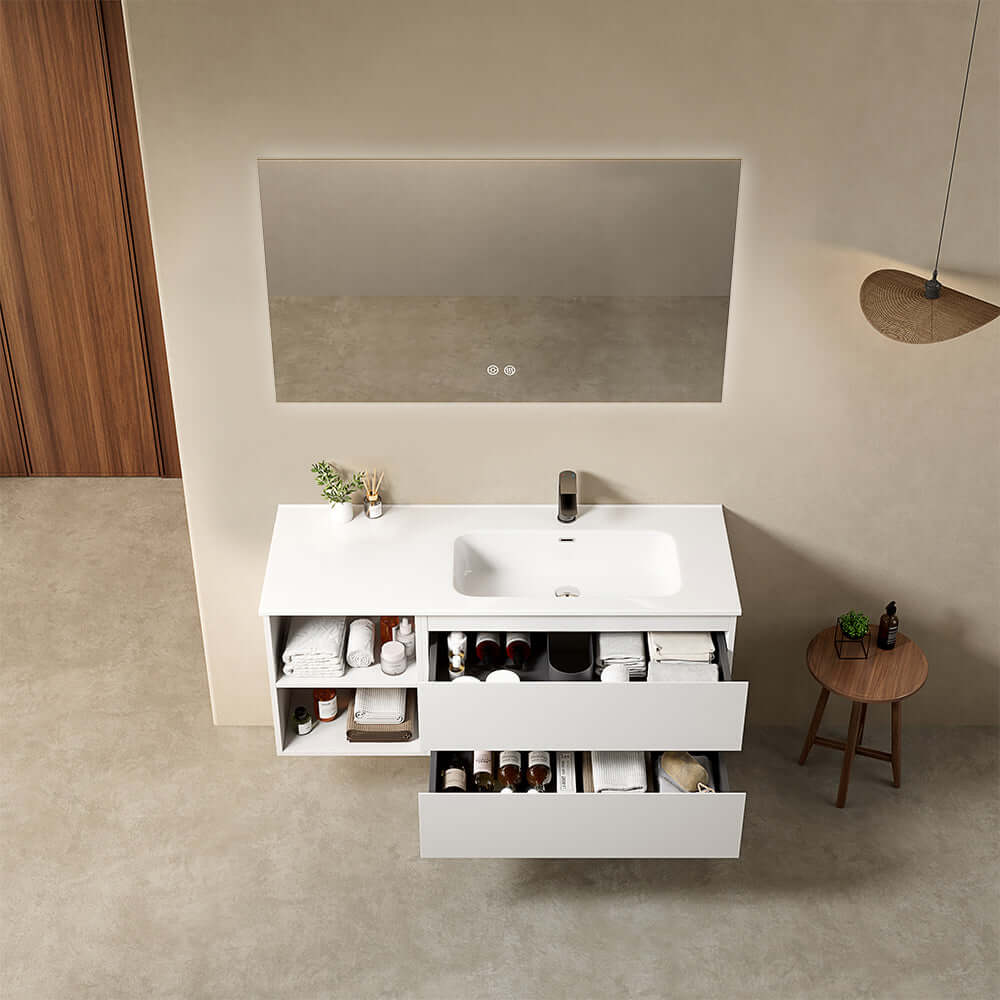 Mobile bagno sospeso 120 cm Bianco Lavabo a Destra in Ceramica Specchio Quadro Retroilluminato - Fiji Paint Plus