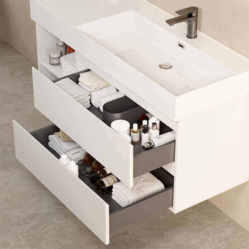 Mobile bagno sospeso 120 cm Bianco Lavabo a Destra in Resina Specchio Quadro - Fiji Paint Plus