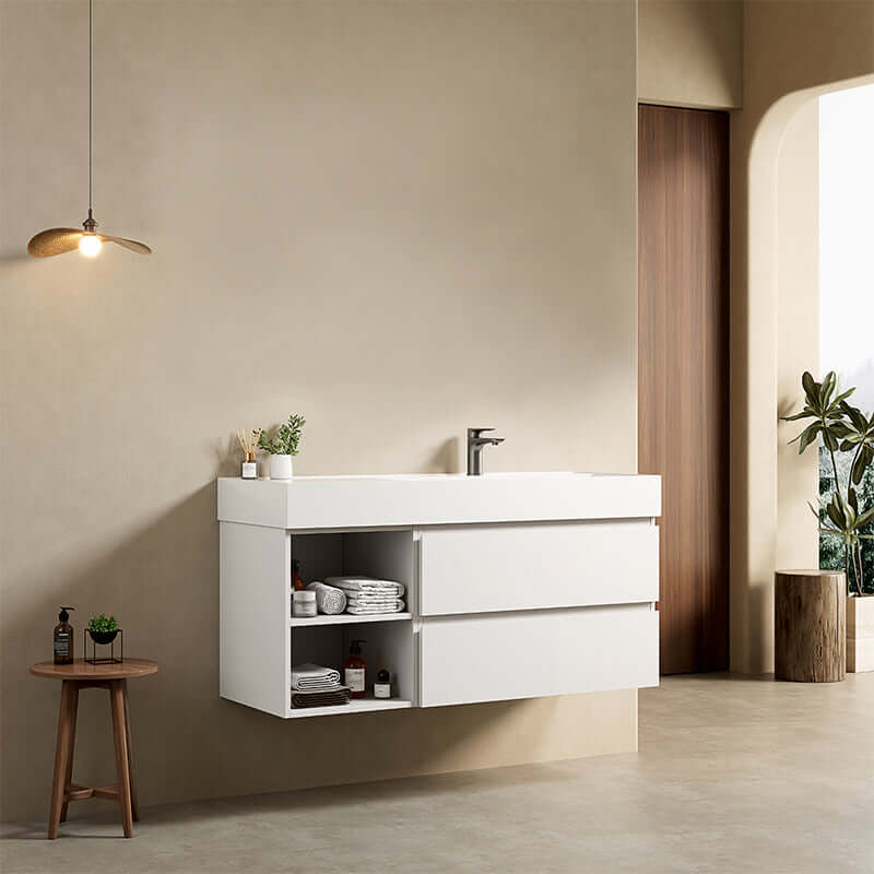Mobile bagno sospeso 120 cm Bianco Lavabo a Destra in Resina Senza Specchio - Fiji Paint Plus