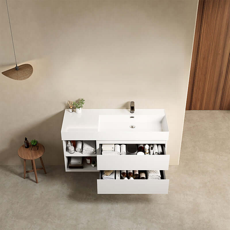 Mobile bagno sospeso 120 cm Bianco Lavabo a Destra in Resina Senza Specchio - Fiji Paint Plus