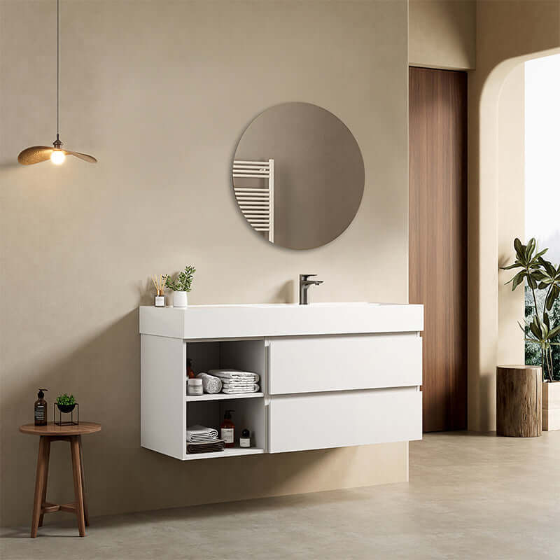 Mobile bagno sospeso 120 cm Bianco Lavabo a Destra in Resina Specchio Tondo - Fiji Paint Plus