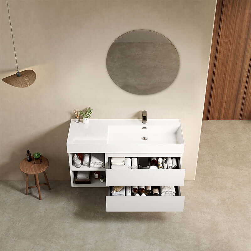 Mobile bagno sospeso 120 cm Bianco Lavabo a Destra in Resina Specchio Tondo - Fiji Paint Plus