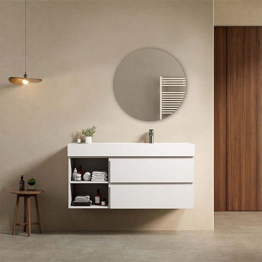 Mobile bagno sospeso 120 cm Bianco Lavabo a Destra in Resina Specchio Tondo - Fiji Paint Plus
