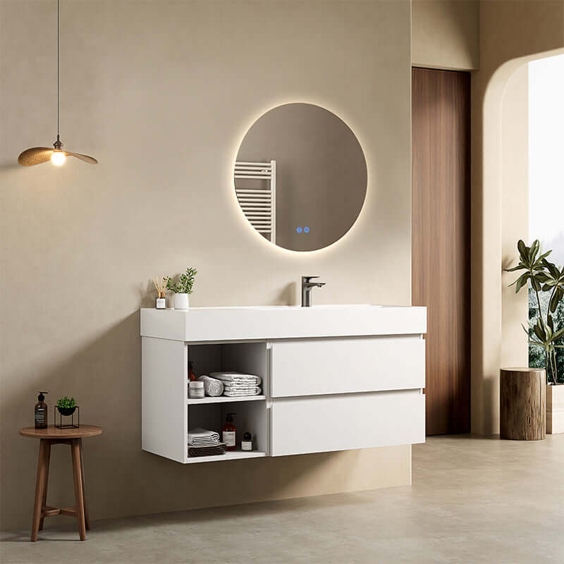 Mobile bagno sospeso 120 cm Bianco Lavabo a Destra in Resina Specchio Tondo Retroilluminato - Fiji Paint Plus
