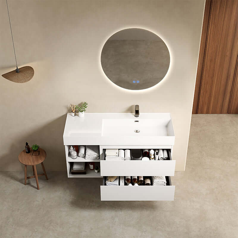 Mobile bagno sospeso 120 cm Bianco Lavabo a Destra in Resina Specchio Tondo Retroilluminato - Fiji Paint Plus
