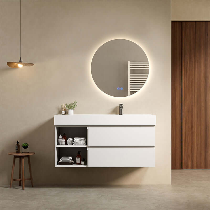 Mobile bagno sospeso 120 cm Bianco Lavabo a Destra in Resina Specchio Tondo Retroilluminato - Fiji Paint Plus
