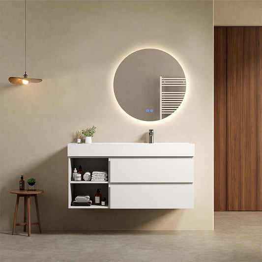 Mobile bagno sospeso 120 cm Bianco Lavabo a Destra in Resina Specchio Tondo Retroilluminato - Fiji Paint Plus