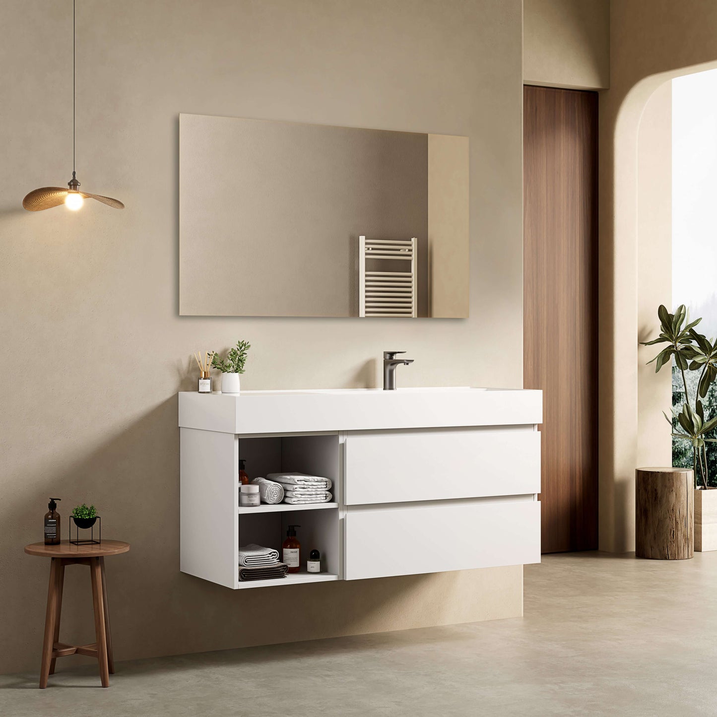 Mobile bagno sospeso 120 cm Bianco Lavabo a Destra in Resina Specchio Quadro - Fiji Paint Plus