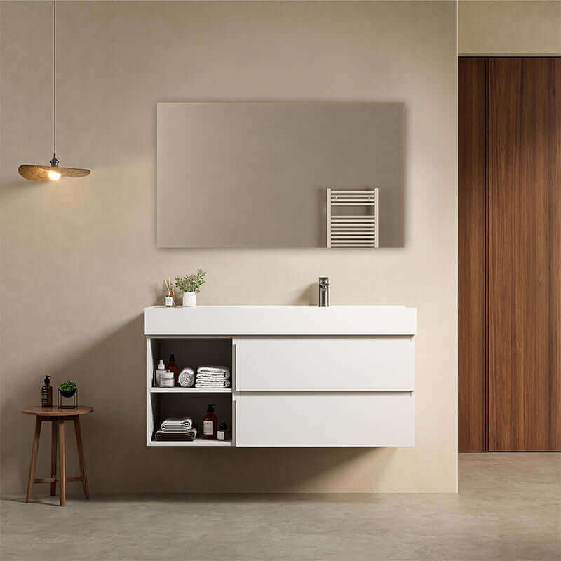 Mobile bagno sospeso 120 cm Bianco Lavabo a Destra in Resina Specchio Quadro - Fiji Paint Plus