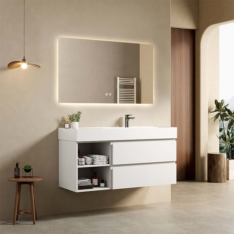 Mobile bagno sospeso 120 cm Bianco Lavabo a Destra in Resina Specchio Quadro Retroilluminato - Fiji Paint Plus