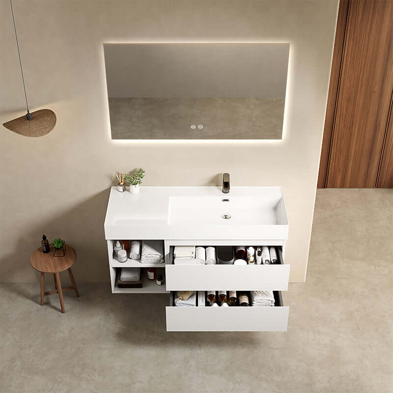 Mobile bagno sospeso 120 cm Bianco Lavabo a Destra in Resina Specchio Quadro Retroilluminato - Fiji Paint Plus