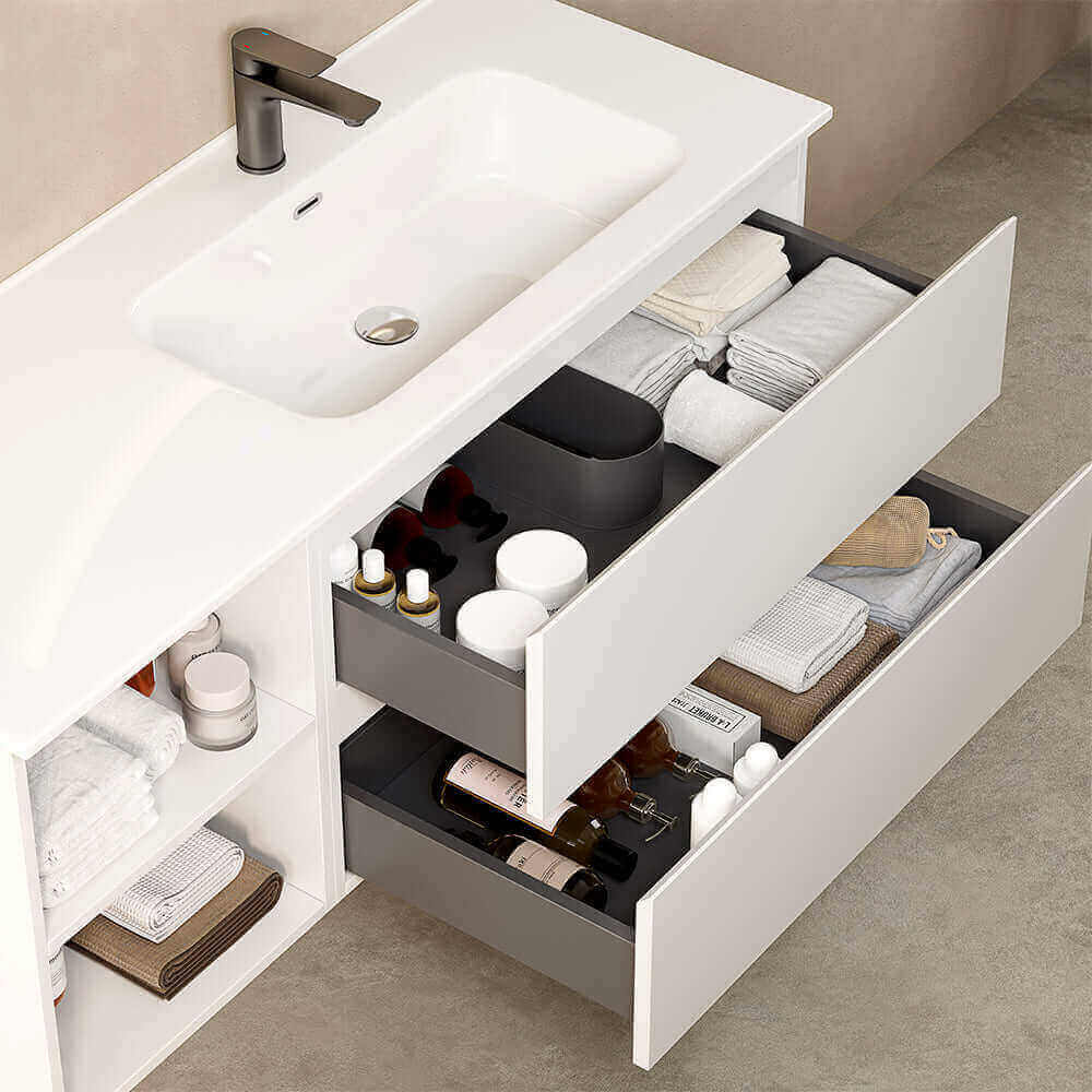 Mobile bagno sospeso 120 cm Bianco Lavabo a Destra in Ceramica Specchio Quadro - Fiji Paint Plus