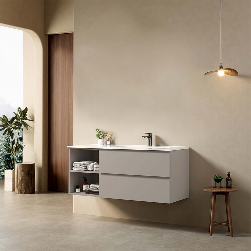 Mobile bagno sospeso 120 cm Grigio Cenere Lavabo a Destra in Ceramica Senza Specchio - Fiji Paint Plus