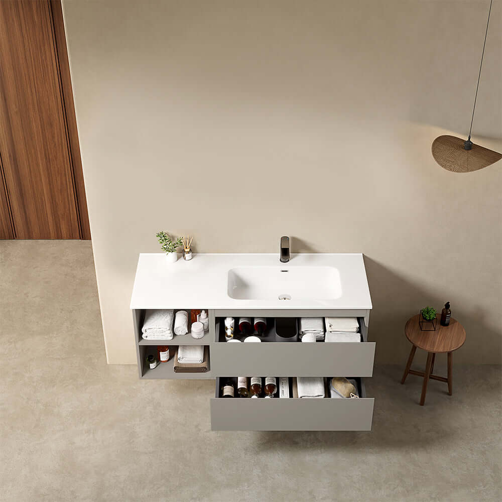 Mobile bagno sospeso 120 cm Grigio Cenere Lavabo a Destra in Ceramica Senza Specchio - Fiji Paint Plus