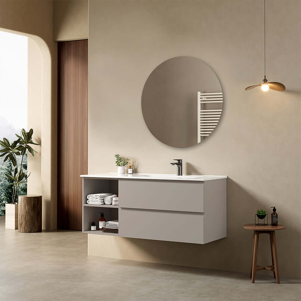 Mobile bagno sospeso 120 cm Grigio Cenere Lavabo a Destra in Ceramica Specchio Tondo - Fiji Paint Plus