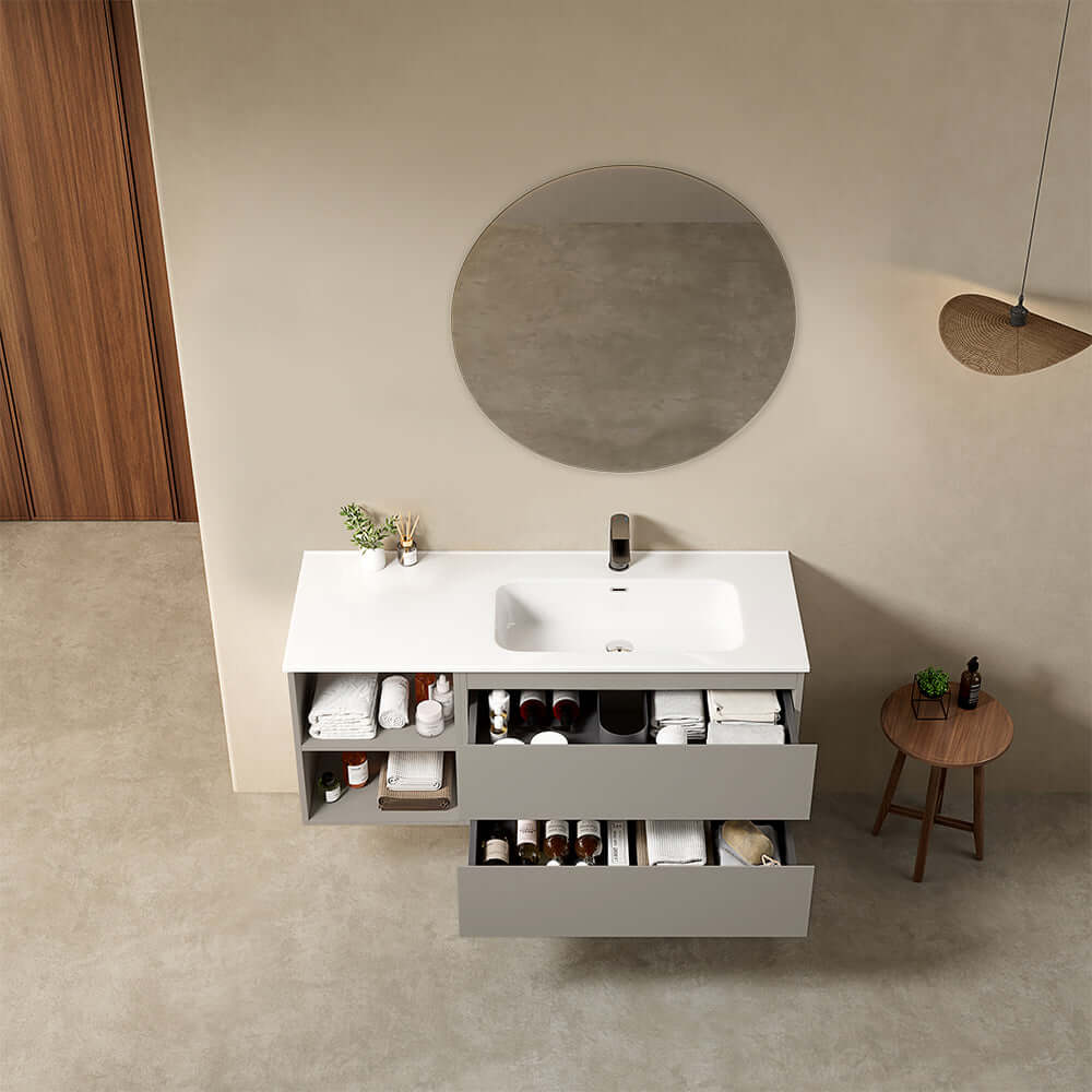 Mobile bagno sospeso 120 cm Grigio Cenere Lavabo a Destra in Ceramica Specchio Tondo - Fiji Paint Plus