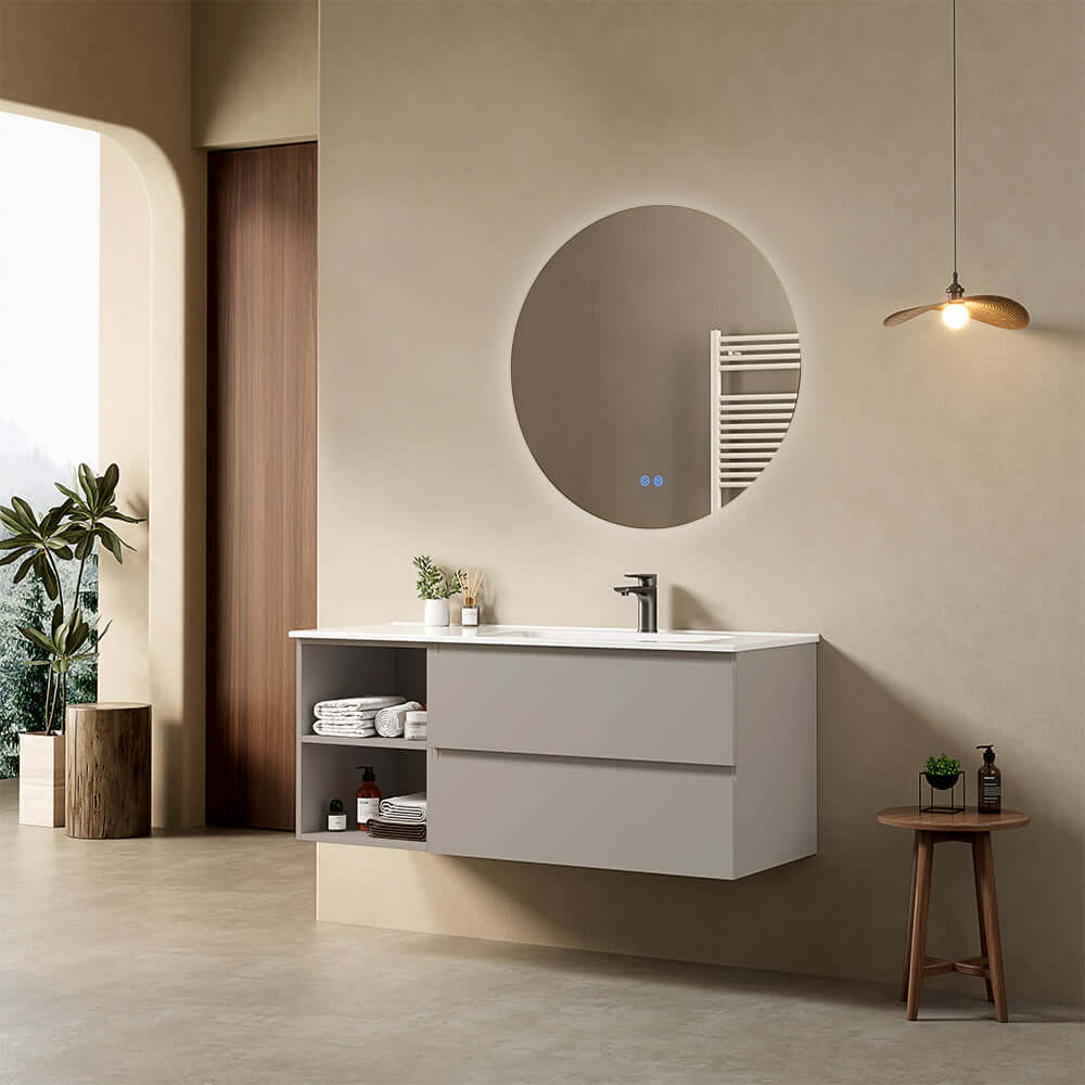 Mobile bagno sospeso 120 cm Grigio Cenere Lavabo a Destra in Ceramica Specchio Tondo Retroilluminato - Fiji Paint Plus