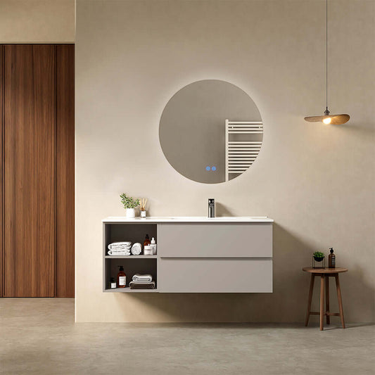 Mobile bagno sospeso 120 cm Grigio Cenere Lavabo a Destra in Ceramica Specchio Tondo Retroilluminato - Fiji Paint Plus