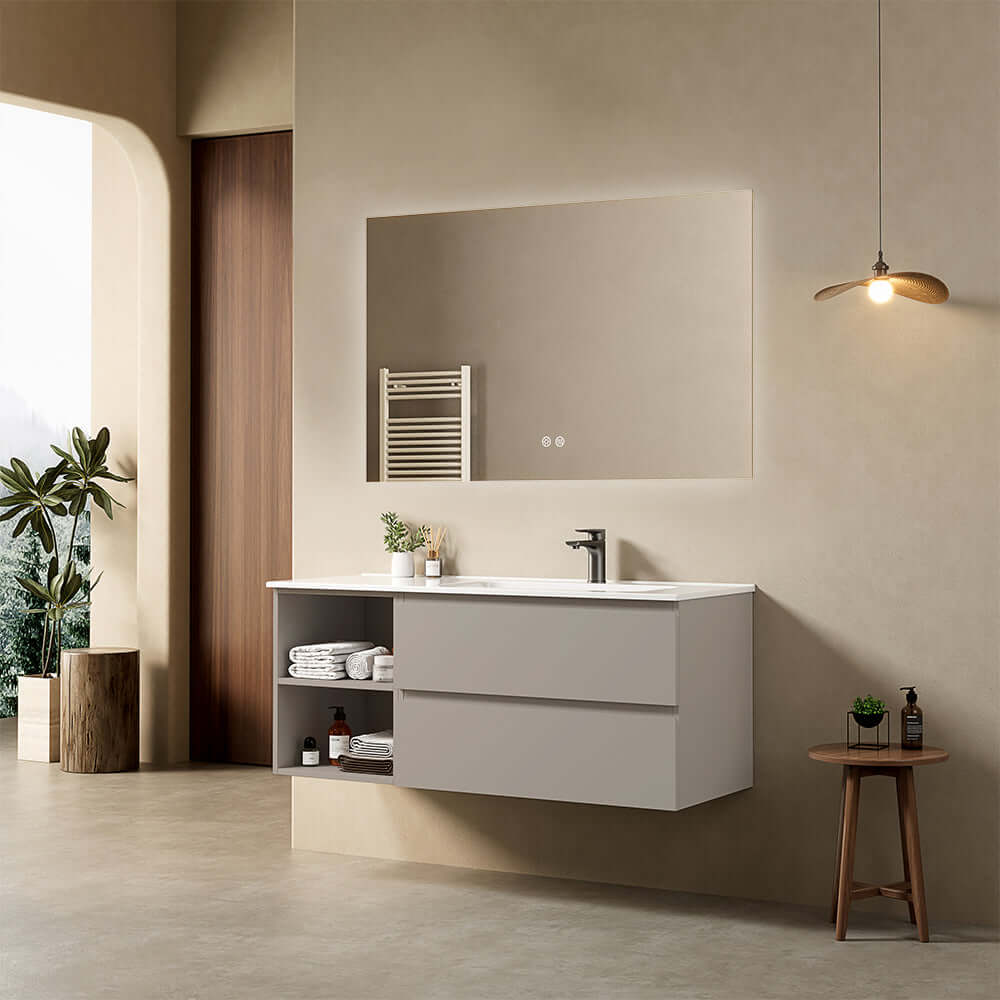 Mobile bagno sospeso 120 cm Grigio Cenere Lavabo a Destra in Ceramica Specchio Quadro Retroilluminato - Fiji Paint Plus
