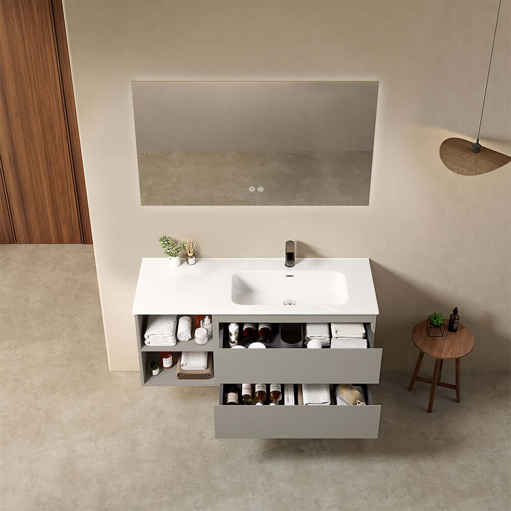 Mobile bagno sospeso 120 cm Grigio Cenere Lavabo a Destra in Ceramica Specchio Quadro Retroilluminato - Fiji Paint Plus