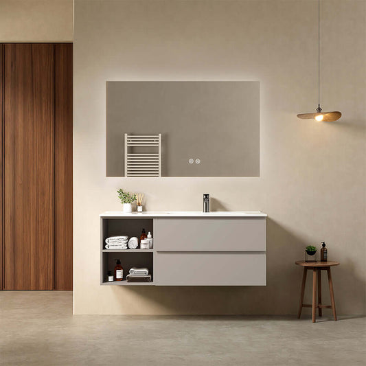 Mobile bagno sospeso 120 cm Grigio Cenere Lavabo a Destra in Ceramica Specchio Quadro Retroilluminato - Fiji Paint Plus