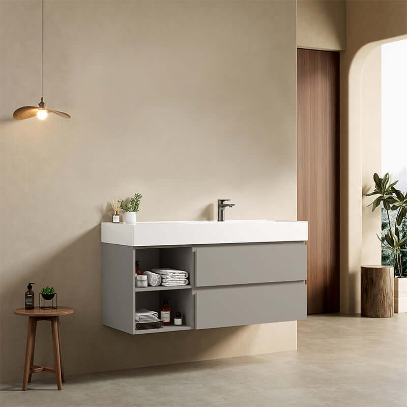 Mobile bagno sospeso 120 cm Grigio Cenere Lavabo a Destra in Resina Senza Specchio - Fiji Paint Plus
