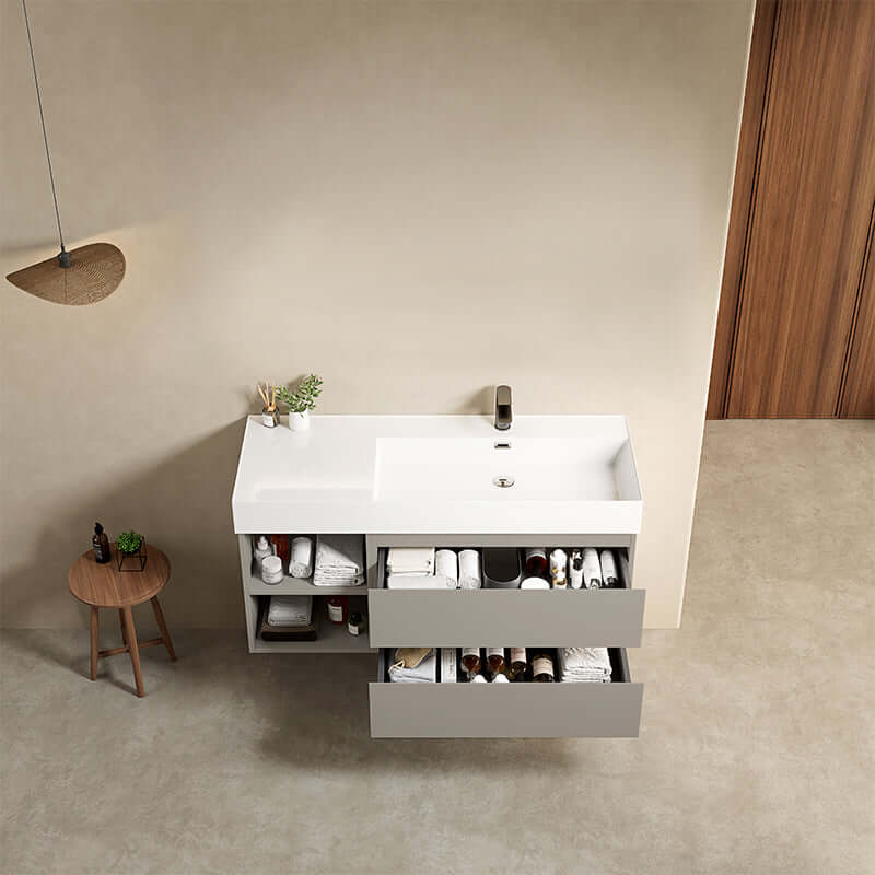 Mobile bagno sospeso 120 cm Grigio Cenere Lavabo a Destra in Resina Senza Specchio - Fiji Paint Plus