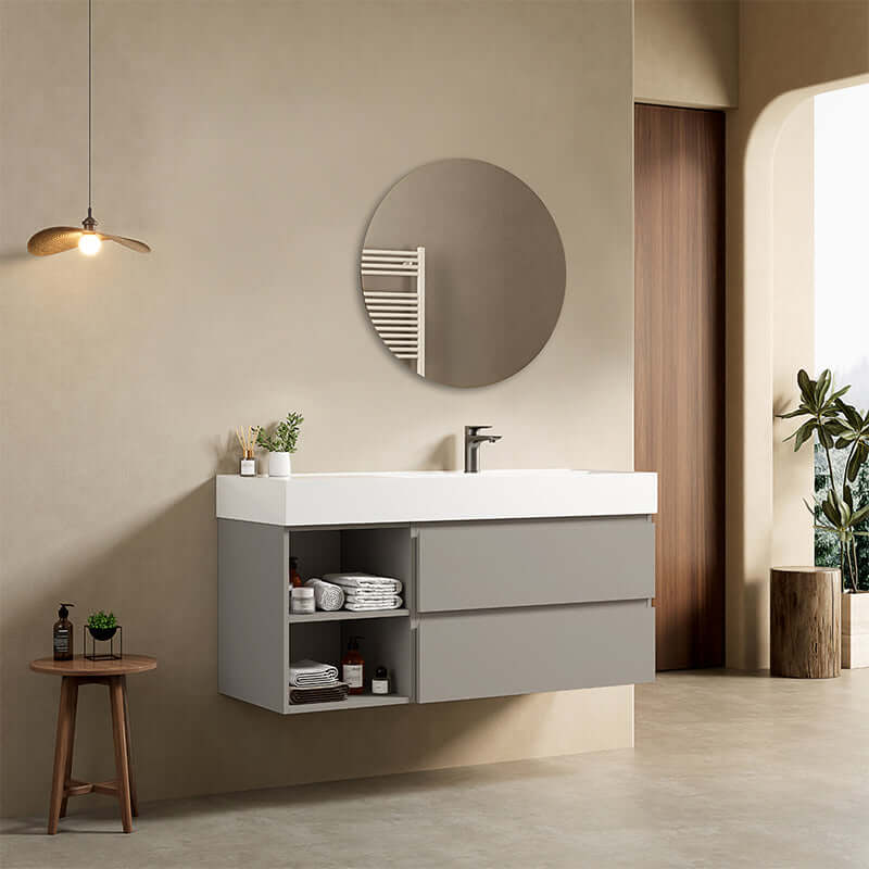 Mobile bagno sospeso 120 cm Grigio Cenere Lavabo a Destra in Resina Specchio Tondo - Fiji Paint Plus