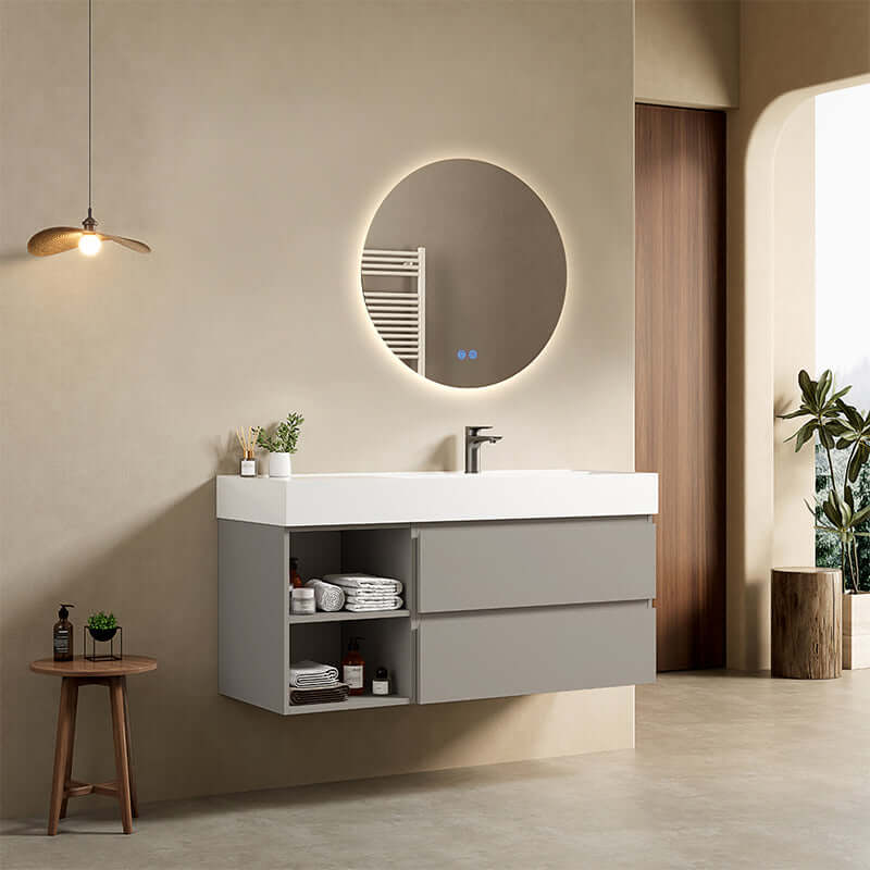 Mobile bagno sospeso 120 cm Grigio Cenere Lavabo a Destra in Resina Specchio Tondo Retroilluminato - Fiji Paint Plus