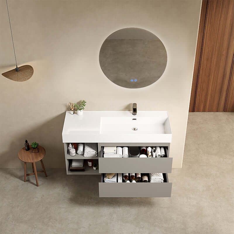 Mobile bagno sospeso 120 cm Grigio Cenere Lavabo a Destra in Resina Specchio Tondo Retroilluminato - Fiji Paint Plus