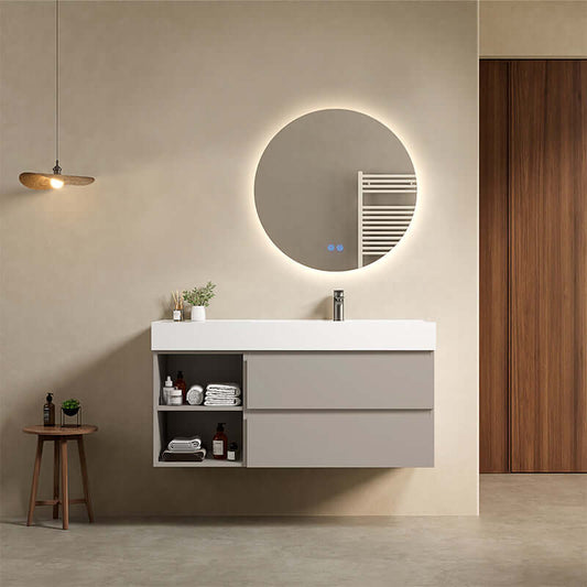 Mobile bagno sospeso 120 cm Grigio Cenere Lavabo a Destra in Resina Specchio Tondo Retroilluminato - Fiji Paint Plus