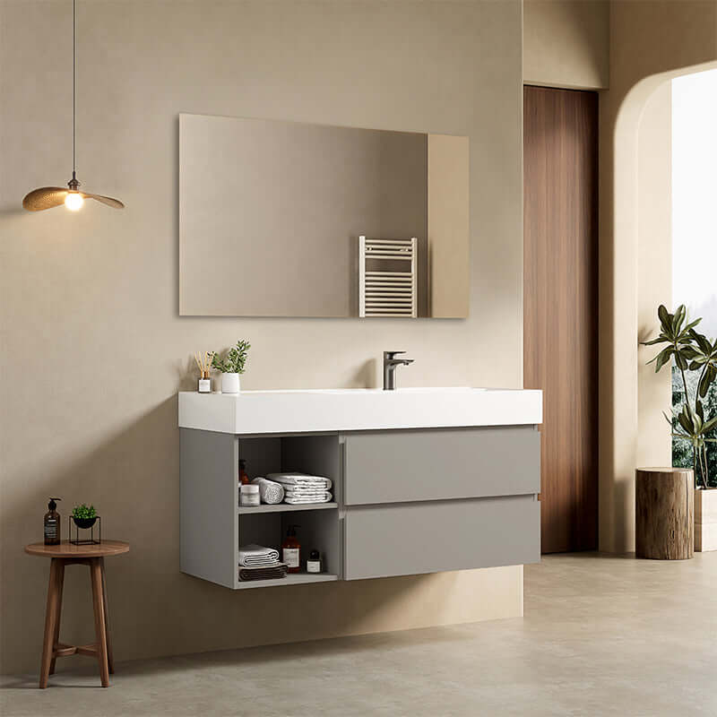 Mobile bagno sospeso 120 cm Grigio Cenere Lavabo a Destra in Resina Specchio Quadro - Fiji Paint Plus