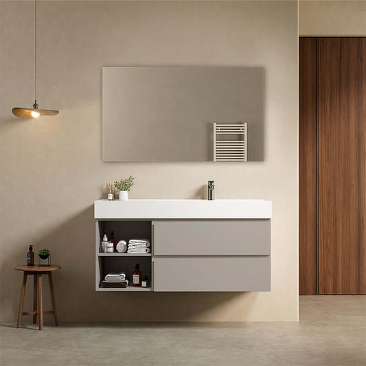 Mobile bagno sospeso 120 cm Grigio Cenere Lavabo a Destra in Resina Specchio Quadro - Fiji Paint Plus