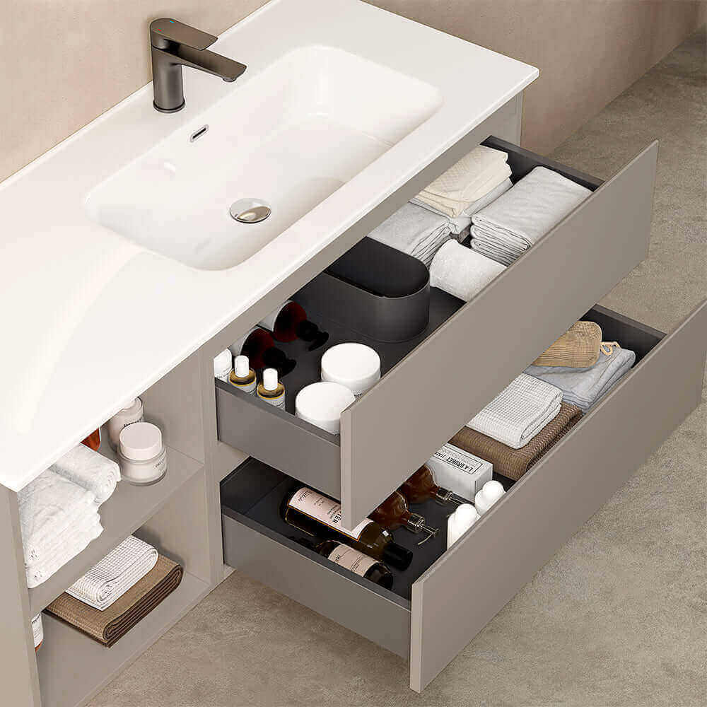 Mobile bagno sospeso 120 cm Grigio Cenere Lavabo a Destra in Ceramica Specchio Quadro Retroilluminato - Fiji Paint Plus
