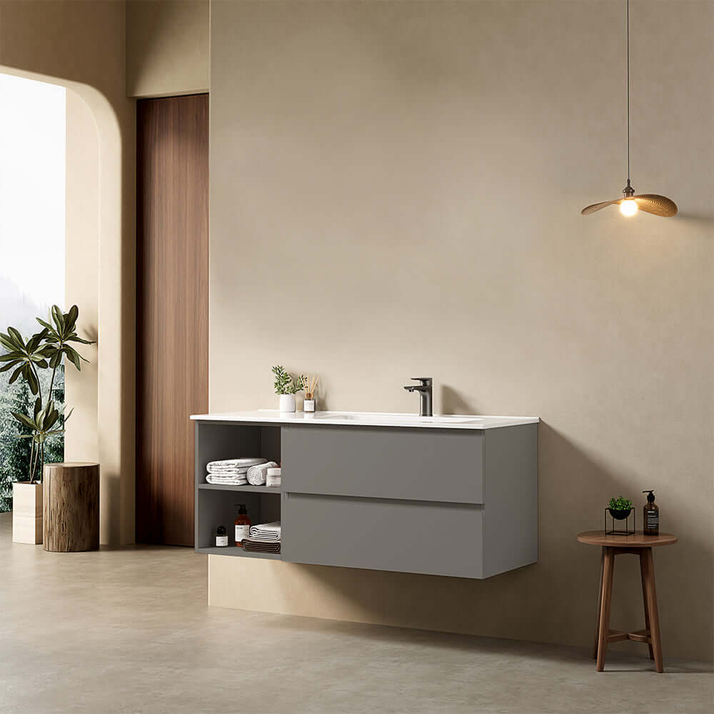 Mobile bagno sospeso 120 cm Grigio Londra Lavabo a Destra in Ceramica Senza Specchio - Fiji Paint Plus