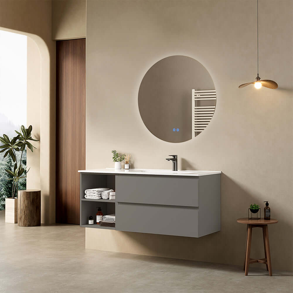 Mobile bagno sospeso 120 cm Grigio Londra Lavabo a Destra in Ceramica Specchio Tondo Retroilluminato - Fiji Paint Plus